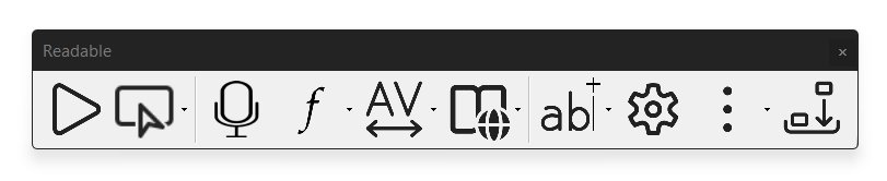 The same Readable toolbar in black-and-white mode, with the same buttons drawn as monochrome outlines.