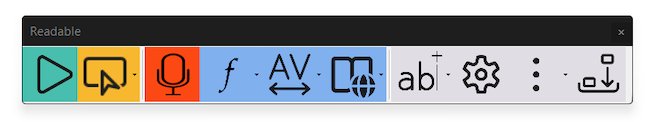Sensory Readable toolbar in its default colour-coded layout, showing Play, Hover, Voice Typing, font, contrast, font picker, web reader, formatting, settings, more menu, and save buttons.