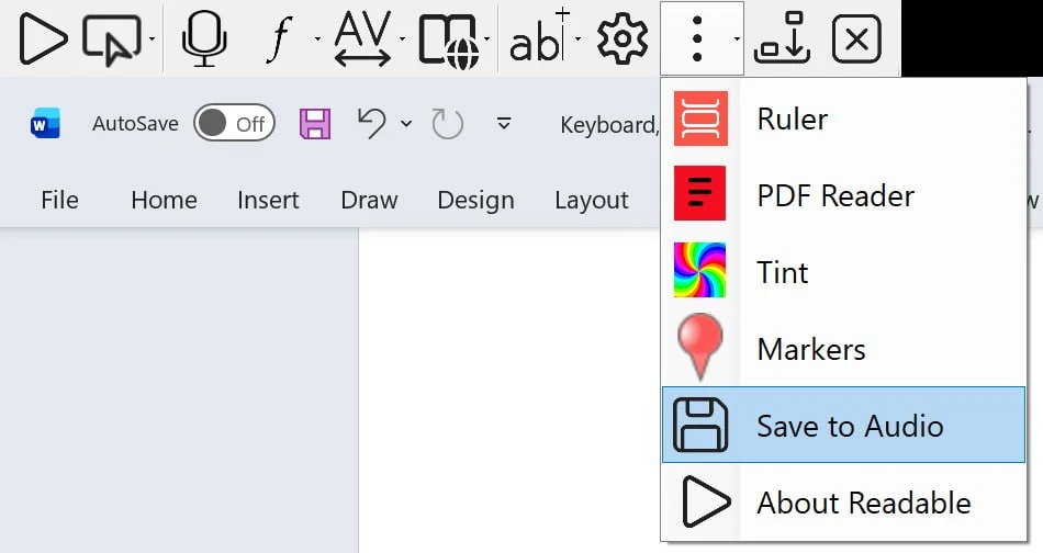 The Readable More menu opened from the toolbar, with 'Save to Audio' highlighted. Other menu items visible: Ruler, PDF Reader, Tint, Markers, and About Readable. In the background, a Microsoft Word document is visible — showing Save to Audio being invoked from inside Word.