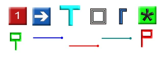 A range of Sensory Markers icons: a numbered red square (1), a blue square with a white arrow, a cyan capital T, a black nested square outline, a blue L-shape, a green square with a black asterisk, a green flag on a pole, a blue horizontal line, a red horizontal line with a dot, a teal horizontal line with a dot, and a red flag on a pole.
