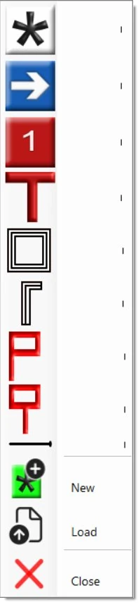 The Sensory Markers toolbar — a vertical strip showing eleven marker styles down the left side (asterisk, arrow, numbered square, T-shape, square outline, L-shape, flag variants, line, and arrow-line variants), with three buttons at the bottom: New, Load, and Close.