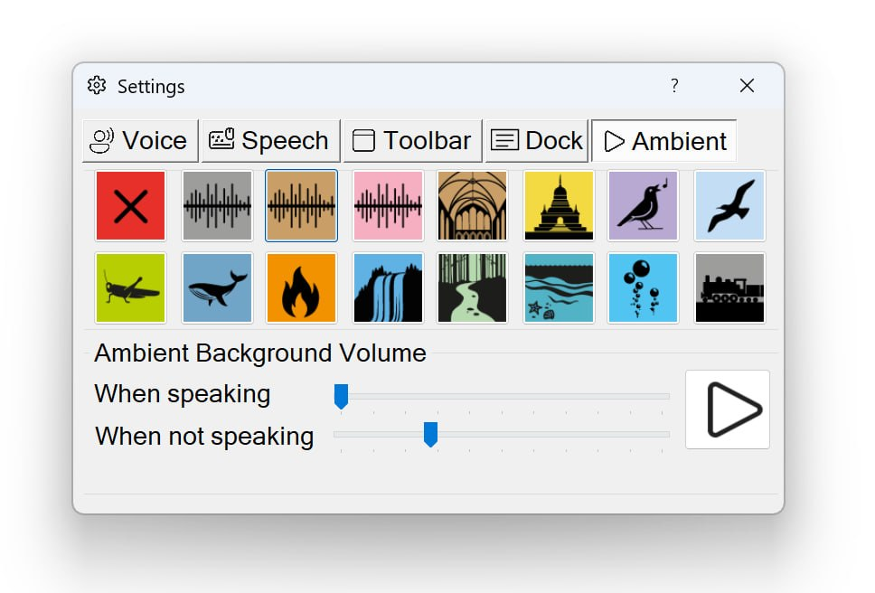 The Ambient tab of Settings, showing a 2x8 grid of ambient sound thumbnails (waveforms, cathedral, temple, birds, gulls, grasshopper, whale, fire, waterfall, river, sea, bubbles, train), an 'Off' option (red X), and Ambient Background Volume sliders for 'When speaking' and 'When not speaking', plus a Play preview button.