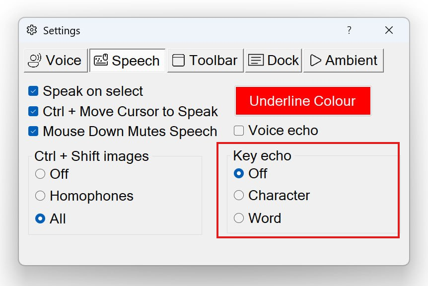 The Speech tab of Settings with the 'Key echo' radio group (Off / Character / Word) highlighted in red.