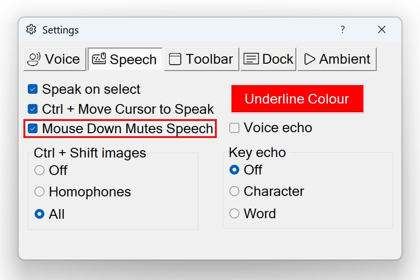 The Speech tab of Settings. The 'Mouse Down Mutes Speech' checkbox is highlighted with a red box to show its location.