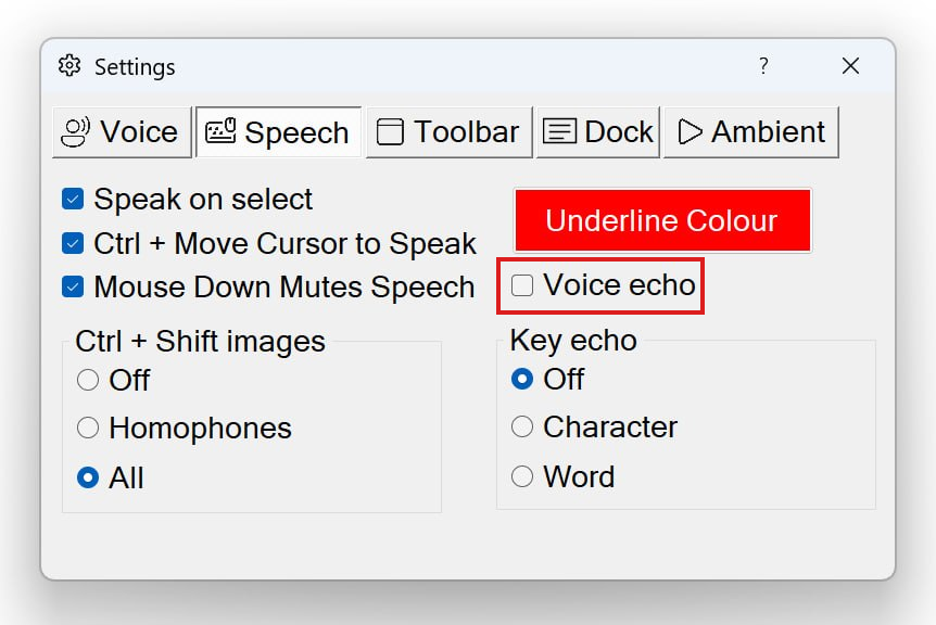 The Speech tab of Settings with the 'Voice echo' checkbox highlighted in red.