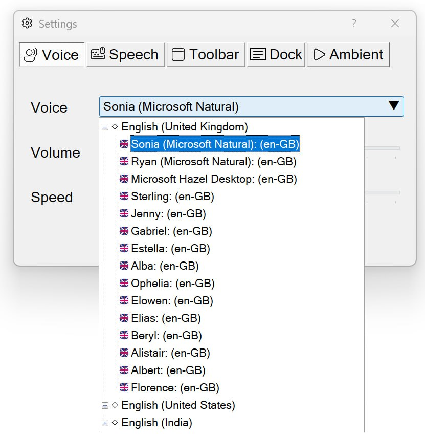 The Voice tab of Settings, with the Voice dropdown expanded showing the English (United Kingdom) group: Sonia and Ryan (Microsoft Natural), Microsoft Hazel Desktop, then 12 Sensory voices including Alba, Albert, Alistair, Beryl, Elias, Elowen, Florence, Gabriel, Jenny, Ophelia, Sterling and Estella.