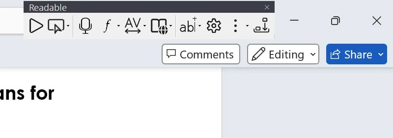 The Sensory Readable toolbar in Small Toolbar mode — a compact horizontal strip showing all toolbar buttons (Play, Hover, Mic, abc, Settings, More, Save, Close) in a reduced size. The toolbar is floating above a Word document showing the standard Word ribbon with Comments / Editing / Share buttons visible to the right.