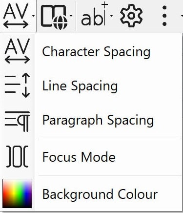 The Spacing and Colour dropdown menu in Sensory Readable showing five options: Character Spacing, Line Spacing, Paragraph Spacing, Focus Mode, and Background Colour.