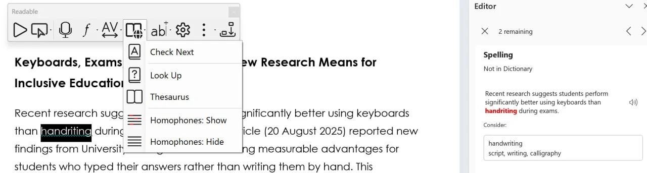 A Microsoft Word document with the misspelled word 'handriting' selected. The Readable Word Check menu is open on the toolbar. On the right, Microsoft Word's Editor pane shows the spelling error 'Not in Dictionary — handriting' with suggested corrections: handwriting, script, writing, calligraphy.