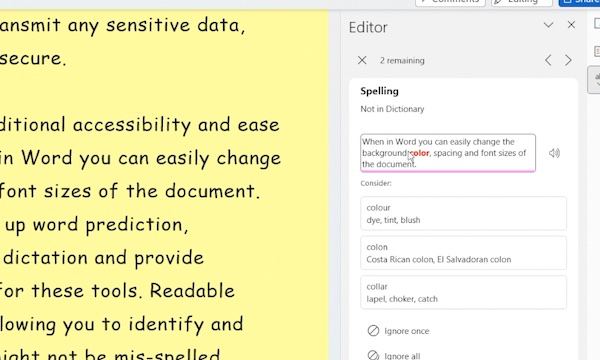 Readable spellcheck panel in Microsoft Word showing a misspelled word with suggested corrections