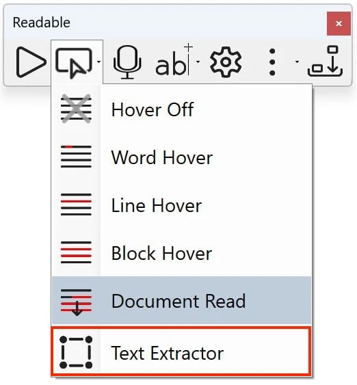 The Readable Hover dropdown menu opened from the toolbar, showing six options: Hover Off, Word Hover, Line Hover, Block Hover, Document Read (highlighted as the current selection), and Text Extractor highlighted in a red box at the bottom.