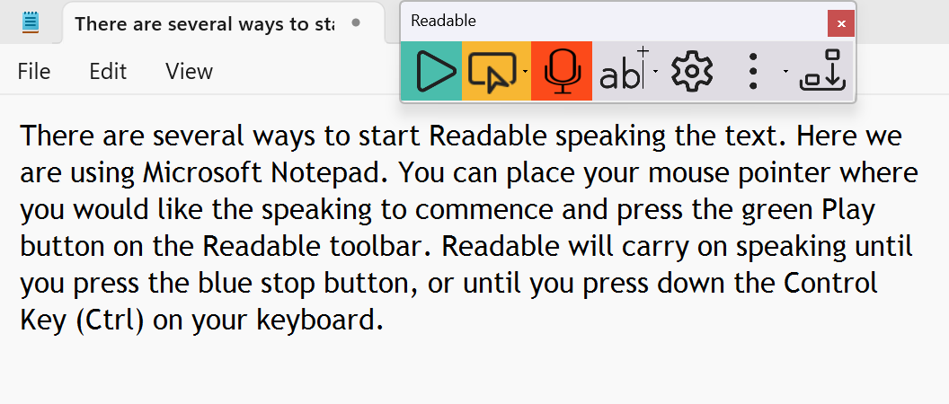 Sensory Readable toolbar in horizontal layout used with Microsoft Notepad