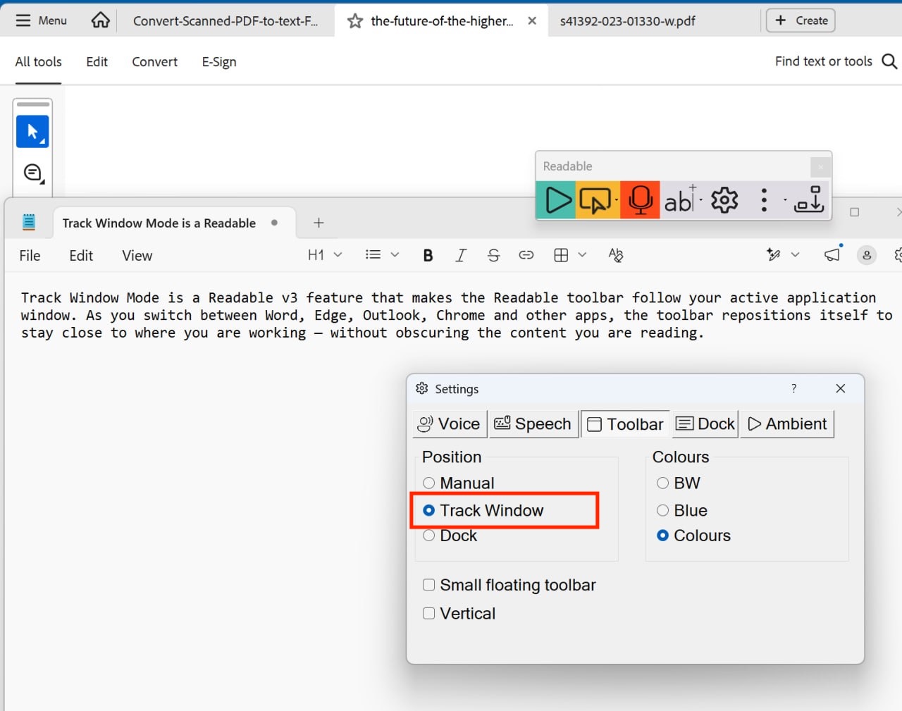 The Readable Settings dialog open on the Toolbar tab with Position set to 'Track Window' (highlighted in red). Behind it, the Readable toolbar is attached above an active editor window.