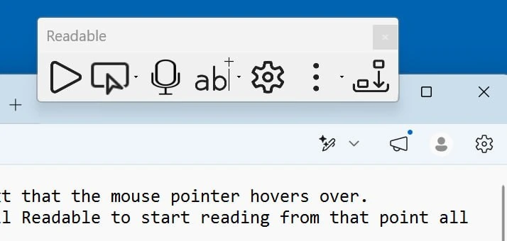 The Sensory Readable toolbar positioned at the top of an active application window, with the window's title bar visible behind and below the toolbar. The toolbar follows the window as it moves.