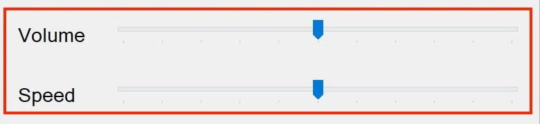 The Volume and Speed sliders in the Voice tab of Sensory Readable's Settings dialog. Both sliders are outlined in red to highlight where they live in the dialog.