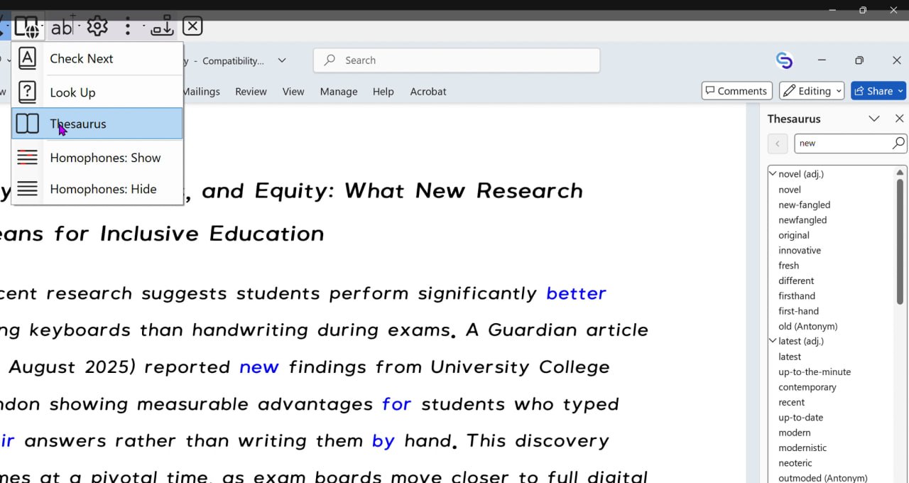 Microsoft Word with the Readable Word Check menu open (Check Next, Look Up, Thesaurus, Homophones: Show/Hide). Homophones in the document are highlighted in blue, and Word's built-in Thesaurus pane is open on the right showing synonyms for the word 'new'.