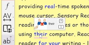Readable word pop-up in Microsoft Word showing syllable breakdown, homophone symbol, and links to dictionary and thesaurus
