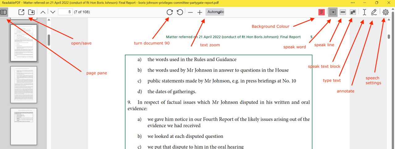 Sensory PDF Reader main window with labelled interface elements showing the toolbar, page view and speech controls
