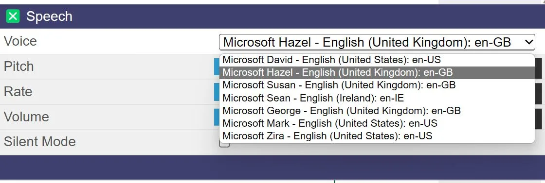 Sensory PDF Reader voice selection list showing available text-to-speech voices