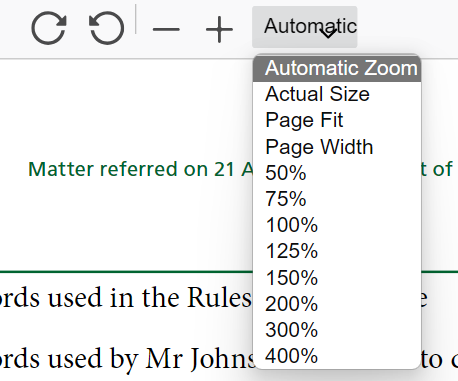 Sensory PDF Reader zoom controls for adjusting text size from 50% to 400% and rotating the page
