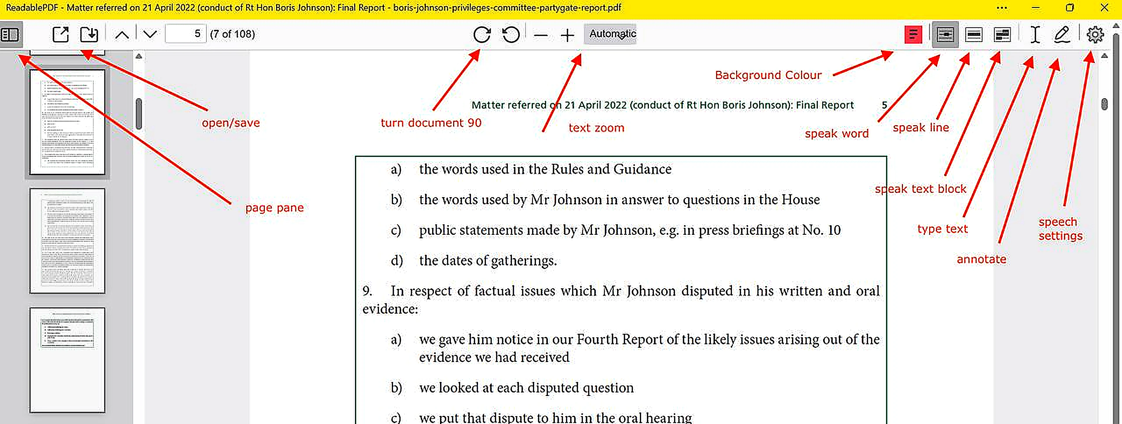 Sensory PDF Reader main interface showing a PDF document with the toolbar controls labelled