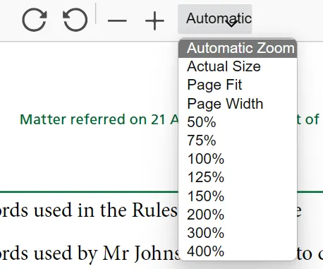Sensory PDF Reader zoom controls at the top centre of the interface showing zoom percentage options and rotation
