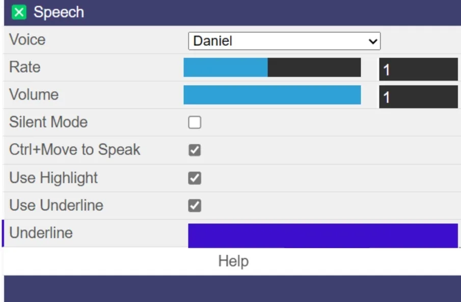 Sensory PDF Reader speech settings panel showing voice selection, pitch, rate, volume and other options