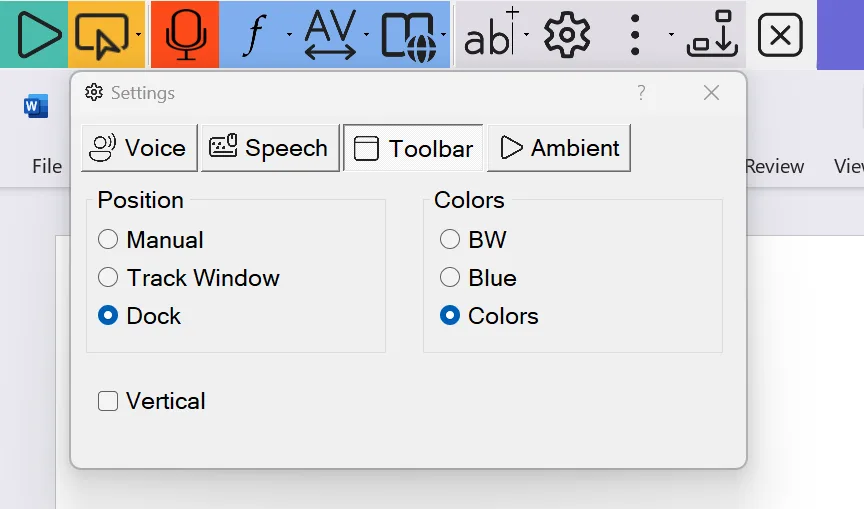 Readable toolbar in horizontal docked position fixed to the left side of the screen