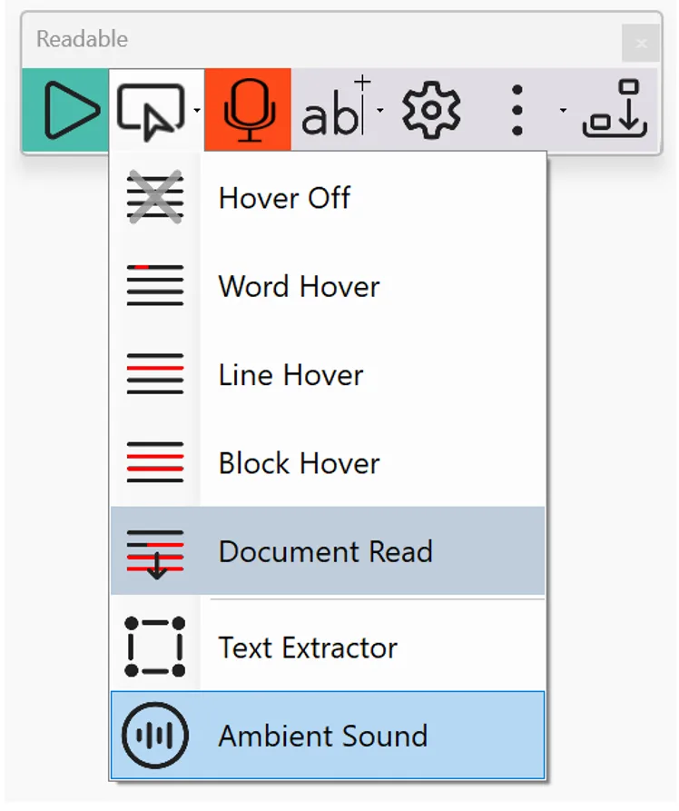 Readable hover speaking options panel: Hover Off, Word Hover, Line Hover, Block Hover, Document Read