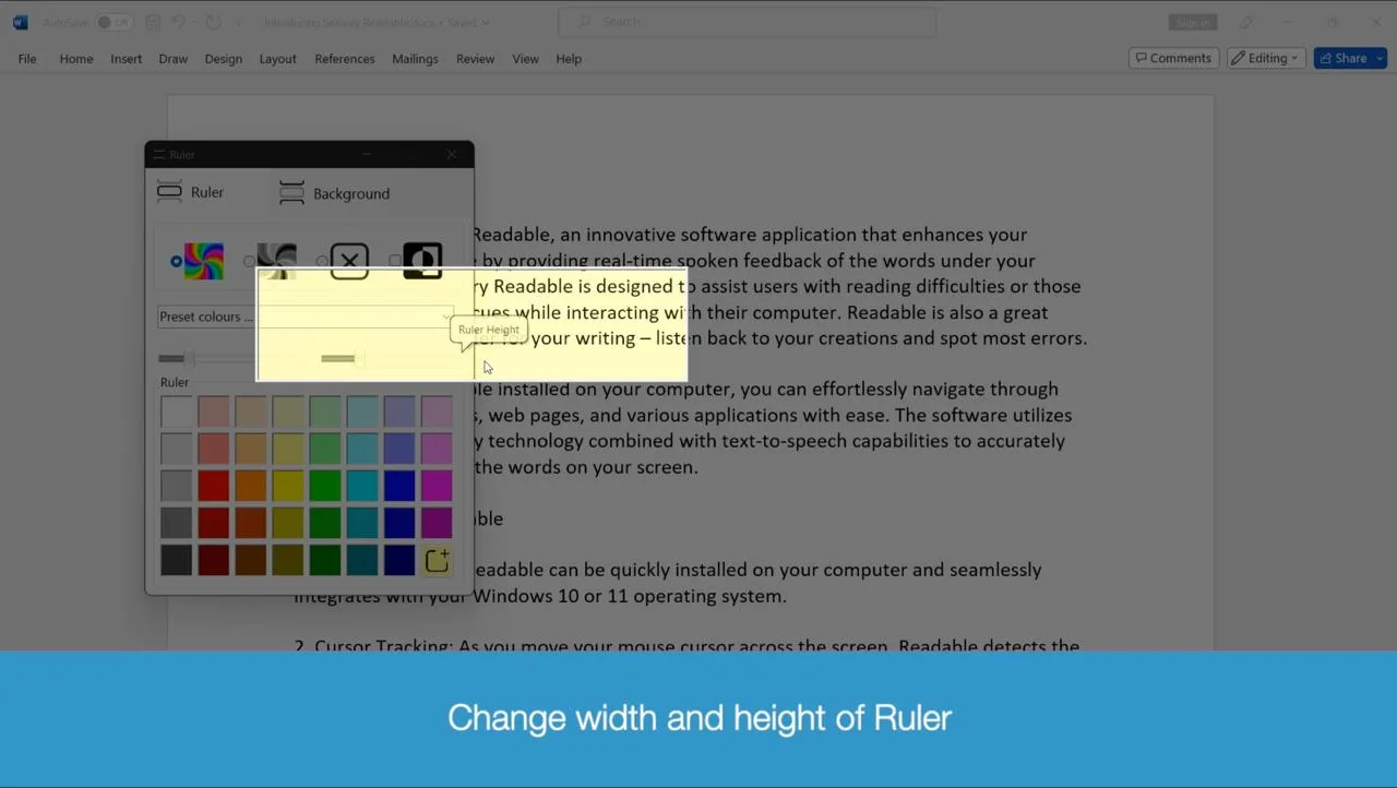 Sensory Ruler screen reading ruler overlay showing a coloured band across a Windows screen to help focus on a line of text