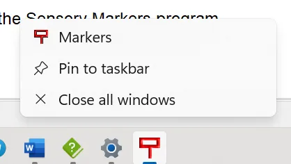Windows taskbar system tray showing the Sensory Markers program icon with the option to close all markers