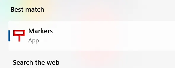 Windows search box showing the Markers app icon ready to launch from the search results