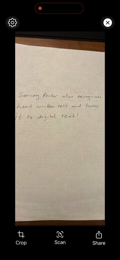 Sensory Reader camera view capturing a handwritten note reading 