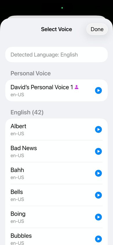 Sensory Reader Select Voice panel showing Personal Voice at the top and English voices listed below including Albert, Bad News, Bahh, Bells, Boing, and Bubbles
