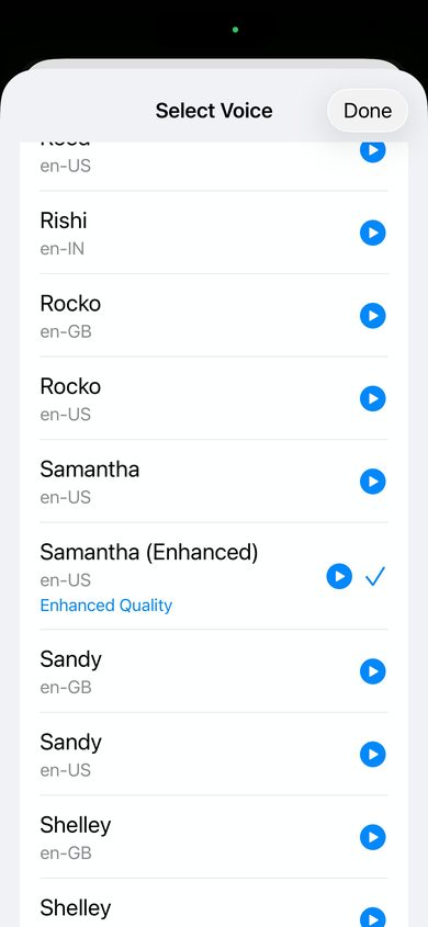 Sensory Reader voice list showing English voices including Rishi, Rocko, Samantha, Samantha Enhanced, Sandy, Shelley — with a tick showing the currently selected voice