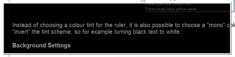 Sensory Ruler settings showing mono and invert colour scheme options