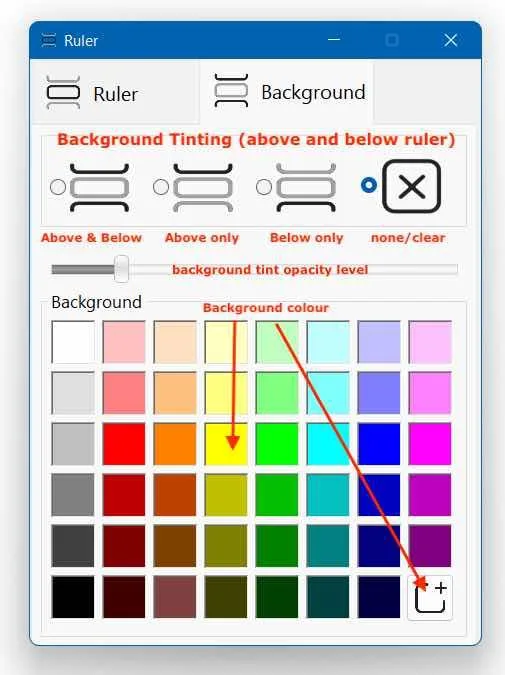 Sensory Ruler background settings showing tint controls for above and below the ruler band