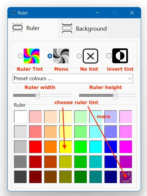 Sensory Ruler colour and tint settings panel with colour picker and width controls