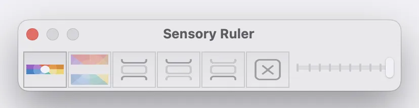 Sensory Ruler for Mac toolbar showing all controls including colour pickers, above/below tint icons, slider and close button