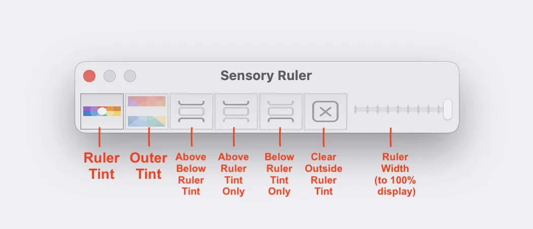 Sensory Ruler for Mac toolbar with labelled controls — colour wheel, tint above/below icons, size slider and ruler icon