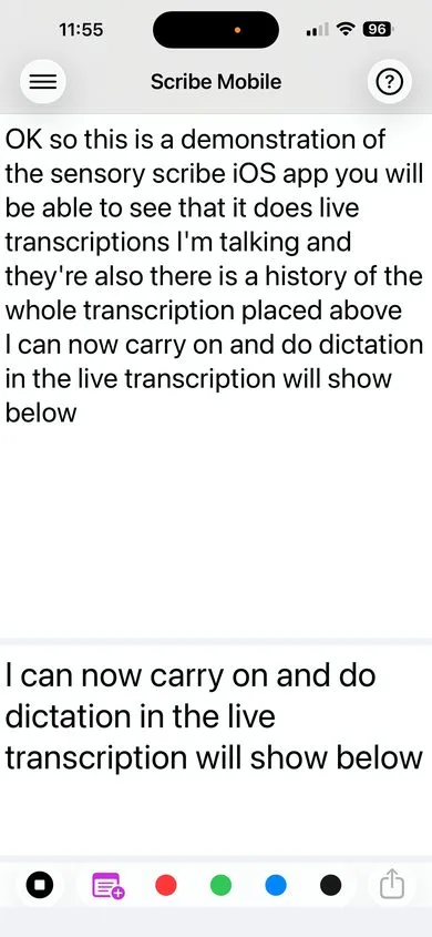 Sensory Scribe Mobile navigation bar showing the hamburger Menu button top-left, the Scribe Mobile title, and the Help (question mark) button top-right