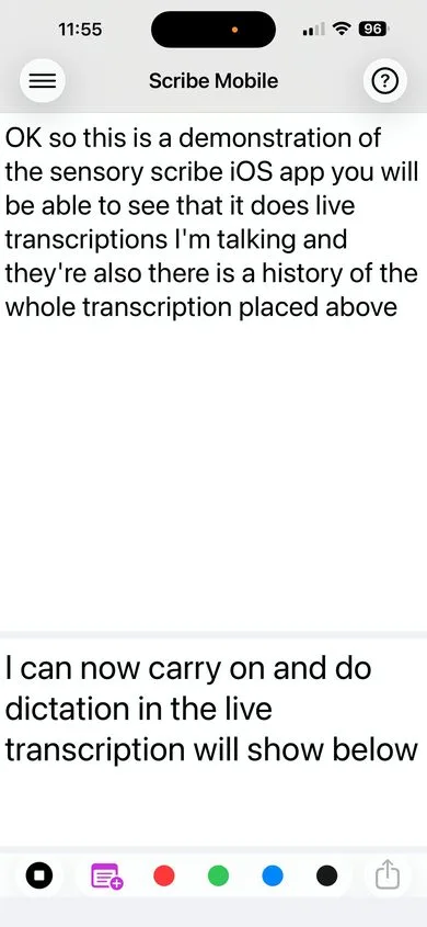 Sensory Scribe Mobile main screen showing transcript above, live recognition below, and toolbar at the bottom with the stop button and colour marker buttons