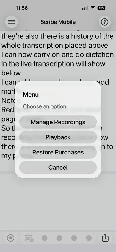 Sensory Scribe Mobile menu dialog showing three options: Manage Recordings, Playback, and Restore Purchases