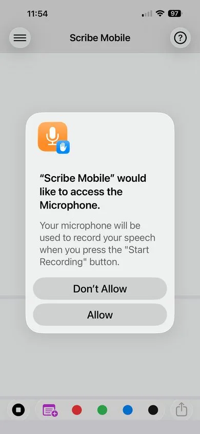 iOS permission dialog asking Scribe Mobile to access the Microphone — shows the app icon with a hand/stop symbol and the Allow and Don't Allow buttons