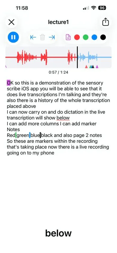 Sensory Scribe Mobile playback at 0:57/1:24 — the played section of the waveform is red, the word 