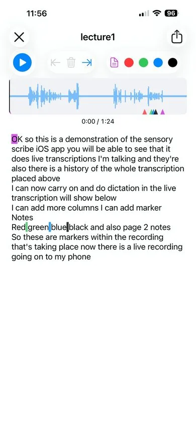 Sensory Scribe Mobile playback screen showing the waveform display with coloured marker triangles, time counter (0:00 / 1:24), full transcript, and playback controls