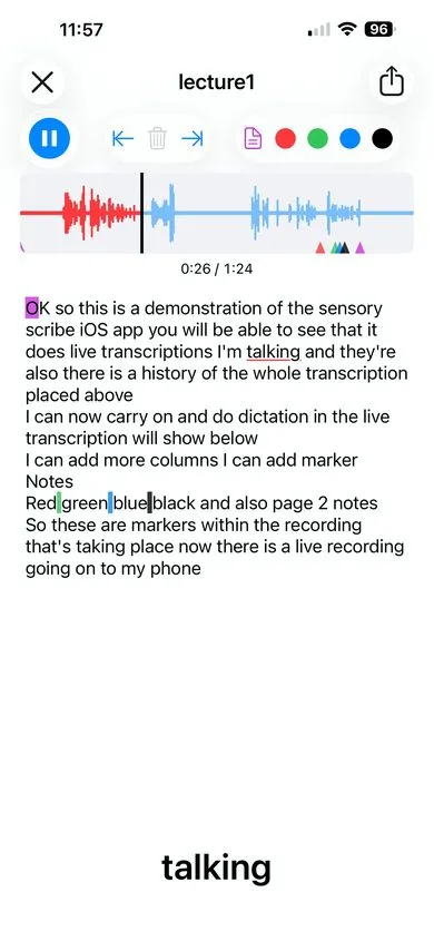 Sensory Scribe Mobile during playback — the Pause button is active, the played section of the waveform is shown in red, and the word 