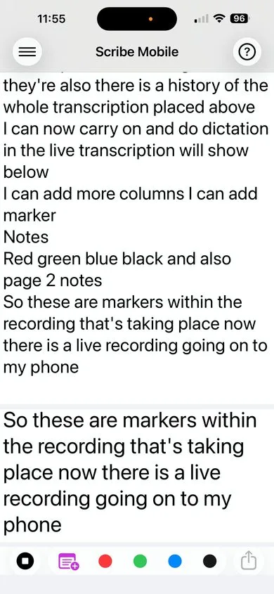 Sensory Scribe Mobile recording in progress showing the bottom toolbar with the Stop button, Page marker, Red, Green, Blue, and Black marker buttons, and the Share button