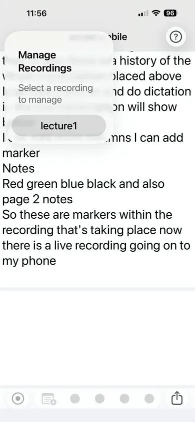Sensory Scribe Mobile Recordings Manager panel showing a recording named 