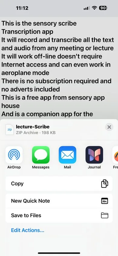 Sensory Scribe Mobile share sheet showing the lecture-Scribe ZIP archive (198KB) ready to send via AirDrop, Messages, Mail, or saved to Files